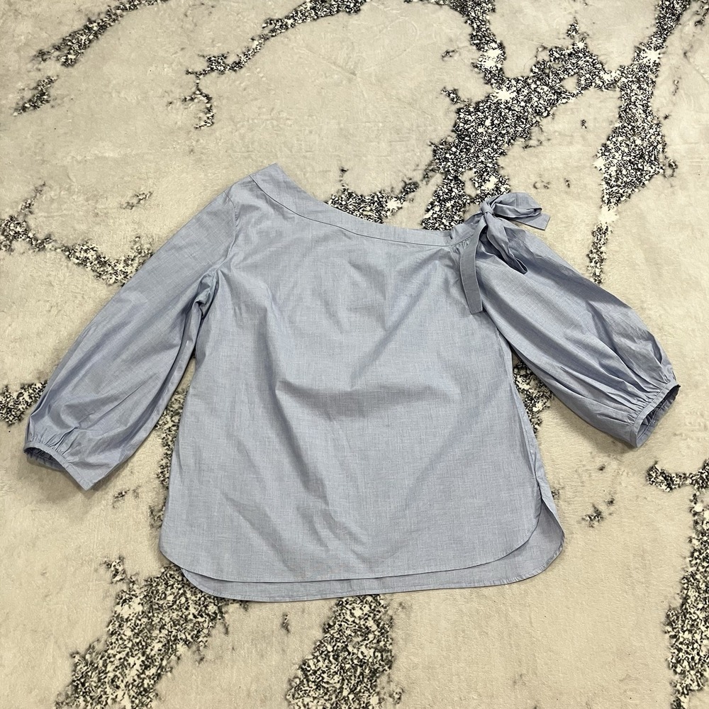 Banana Republic One Shoulder Tie Sleeve Blouse Blue Chambray Size Large